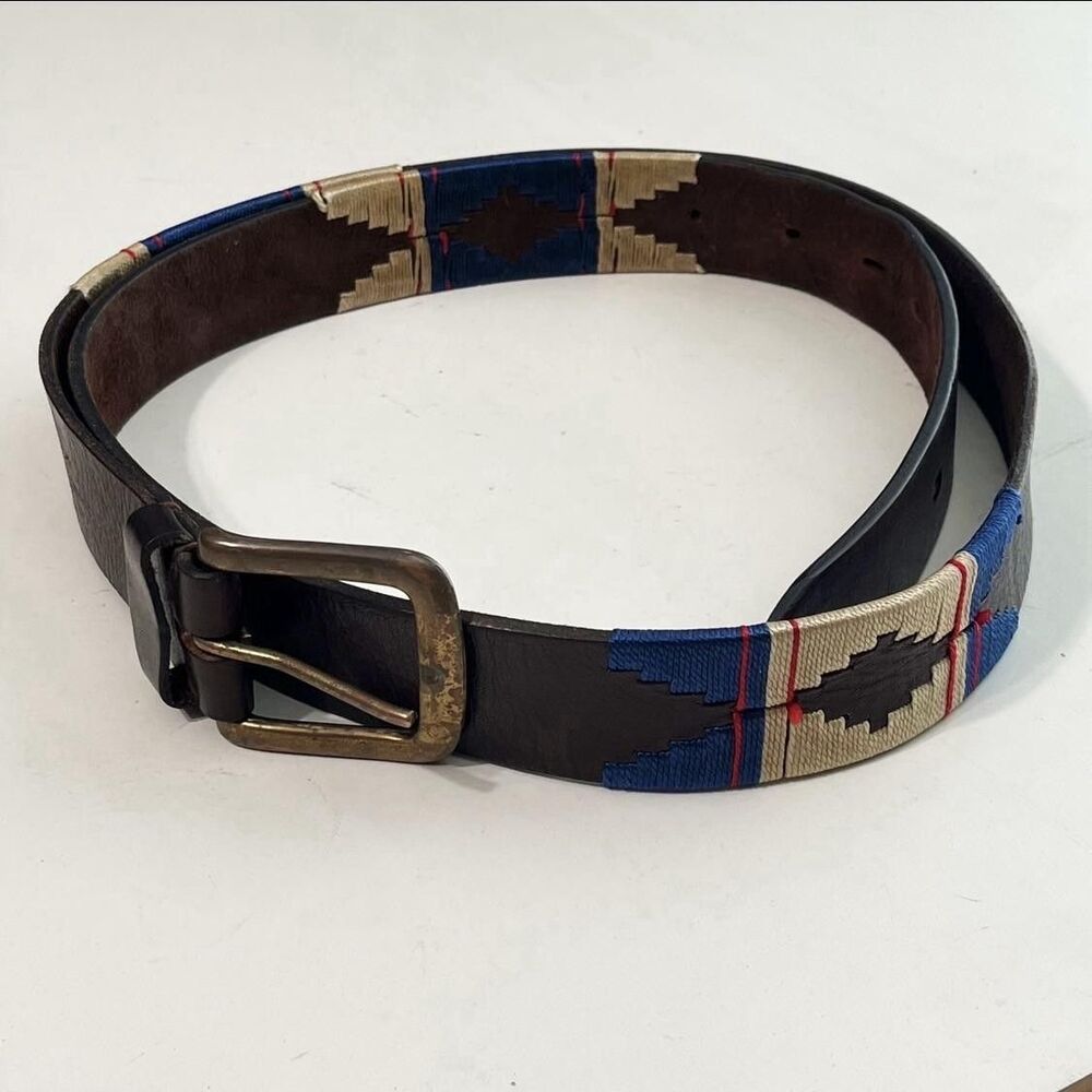 Western Leather Belt Mens 49 Gaucho Polo Brass Buckle Tribal Embroidered RRL